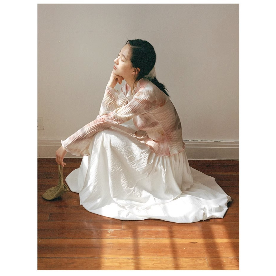 Honypove Áo Sơ Mi Chiffon Cổ Tròn Tay Dài Ống Loe Xếp Ly Nhuộm Màu Phong Cách Mới Dành Cho Nữ