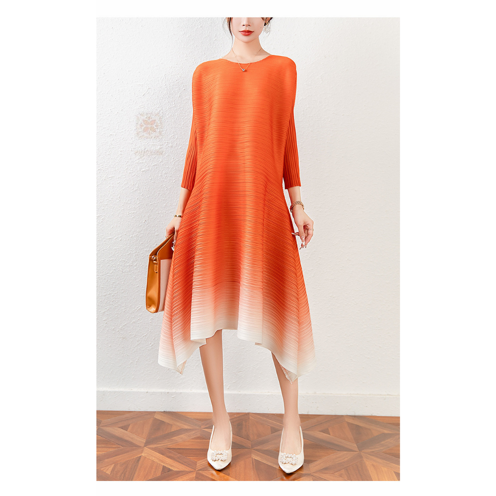 Issey Miyake Đầm Cổ Tròn Cỡ Lớn Siêu Co Giãn Màu Gradient Thời Trang Thường Ngày Cho Nữ