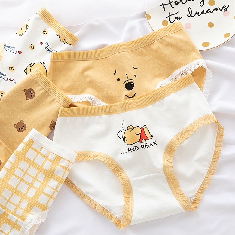 Quần Lót Cotton Lưng Vừa Phối Ren Họa Tiết Gấu Hoạt Hình Đáng Yêu Phong Cách Nhật Bản