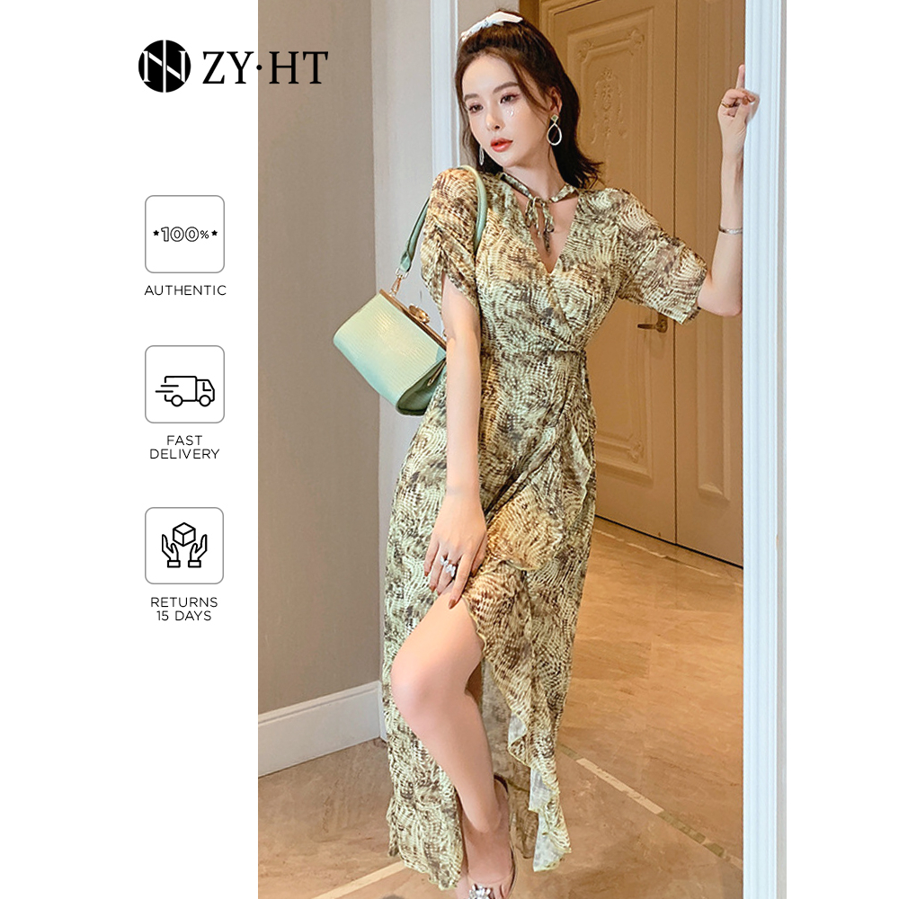 ZYHT Đầm Dài Vải Voan Cổ Chữ V In Họa Tiết Hoa Phong Cách Hàn Quốc Thời Trang Dành Cho Nữ 4786