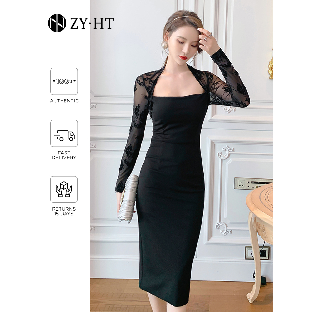 ZYHT Đầm Tay Dài Cổ Vuông Phối Lưới Màu Đen Thời Trang Cho Nữ 9271