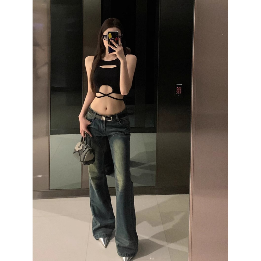 Quần Jean Dài Lưng Thấp Dáng Ôm Màu Xanh Bùn Phong Cách Retro Thời Trang Cho Nữ