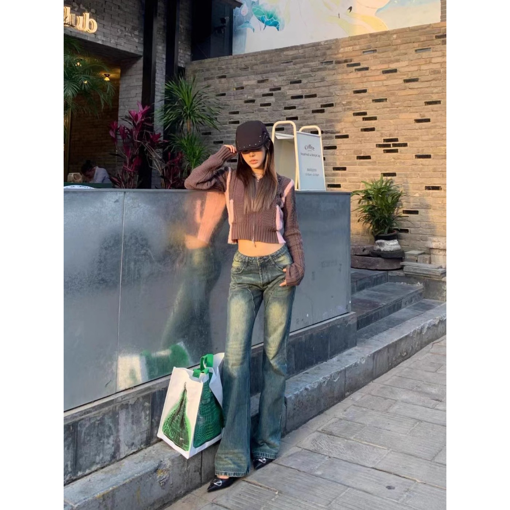 Quần Jean Dài Lưng Thấp Dáng Ôm Màu Xanh Bùn Phong Cách Retro Thời Trang Cho Nữ