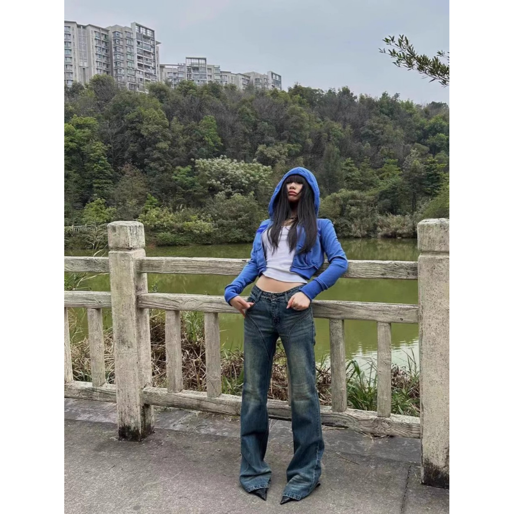 Quần Jean Dài Lưng Thấp Dáng Ôm Màu Xanh Bùn Phong Cách Retro Thời Trang Cho Nữ