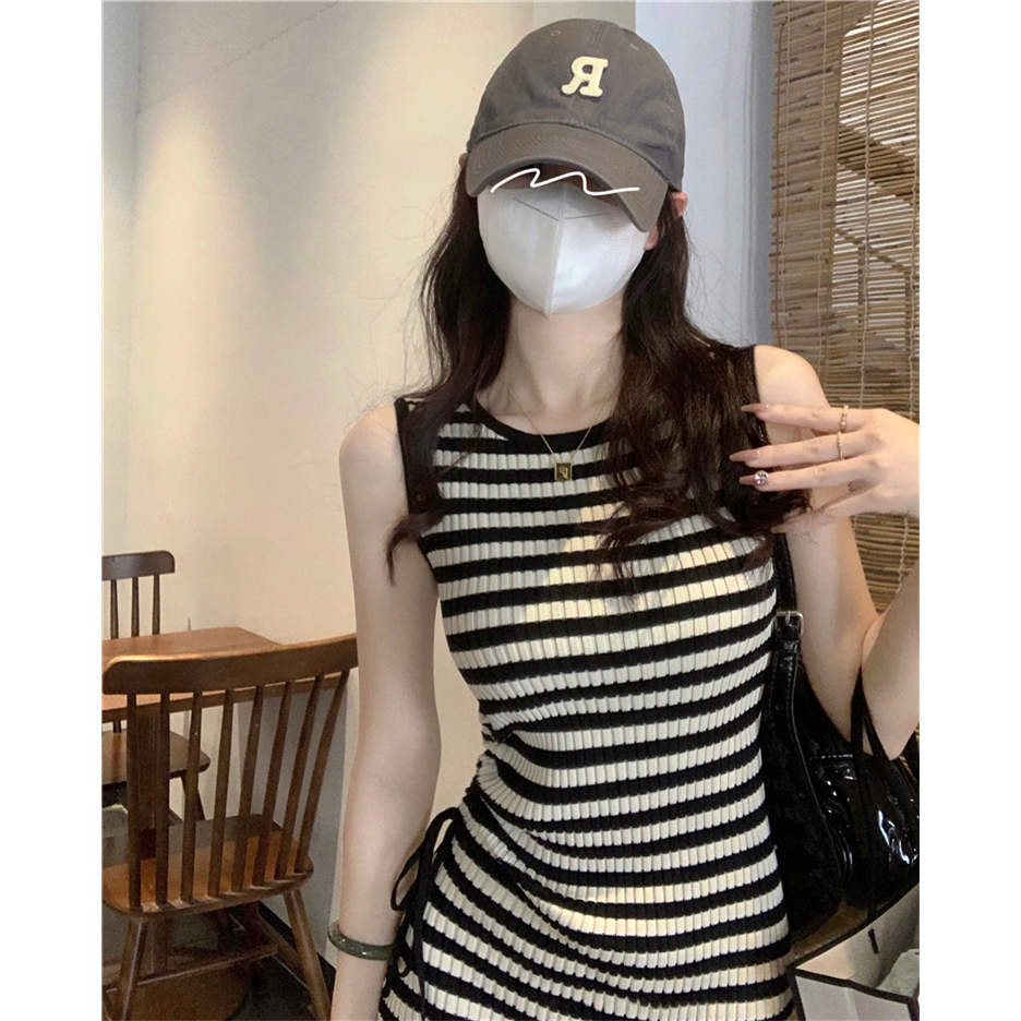 NUZIRO Đầm Dài Không Tay Họa Tiết Kẻ Sọc Thời Trang Hàn Quốc Cho Nữ