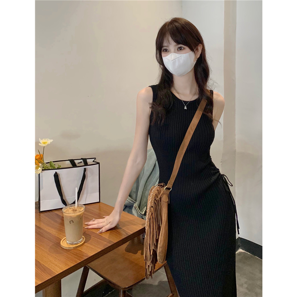 NUZIRO Đầm Dài Không Tay Họa Tiết Kẻ Sọc Thời Trang Hàn Quốc Cho Nữ