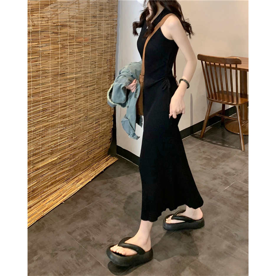 NUZIRO Đầm Dài Không Tay Họa Tiết Kẻ Sọc Thời Trang Hàn Quốc Cho Nữ