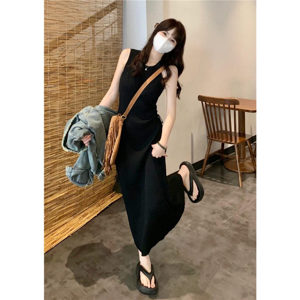 NUZIRO Đầm Dài Không Tay Họa Tiết Kẻ Sọc Thời Trang Hàn Quốc Cho Nữ