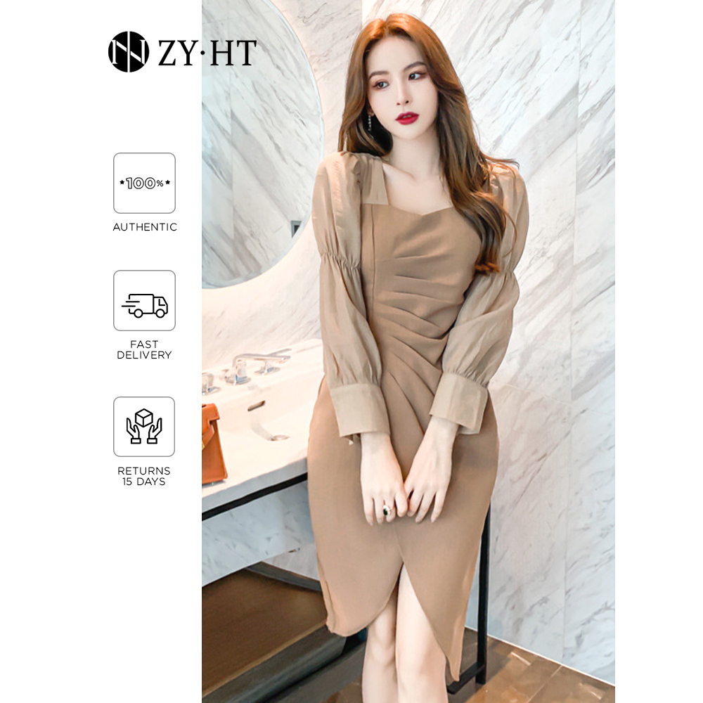 ZYHT Đầm dạ hội ôm dáng cổ vuông tay dài phong cách Hàn Quốc thanh lịch 4478