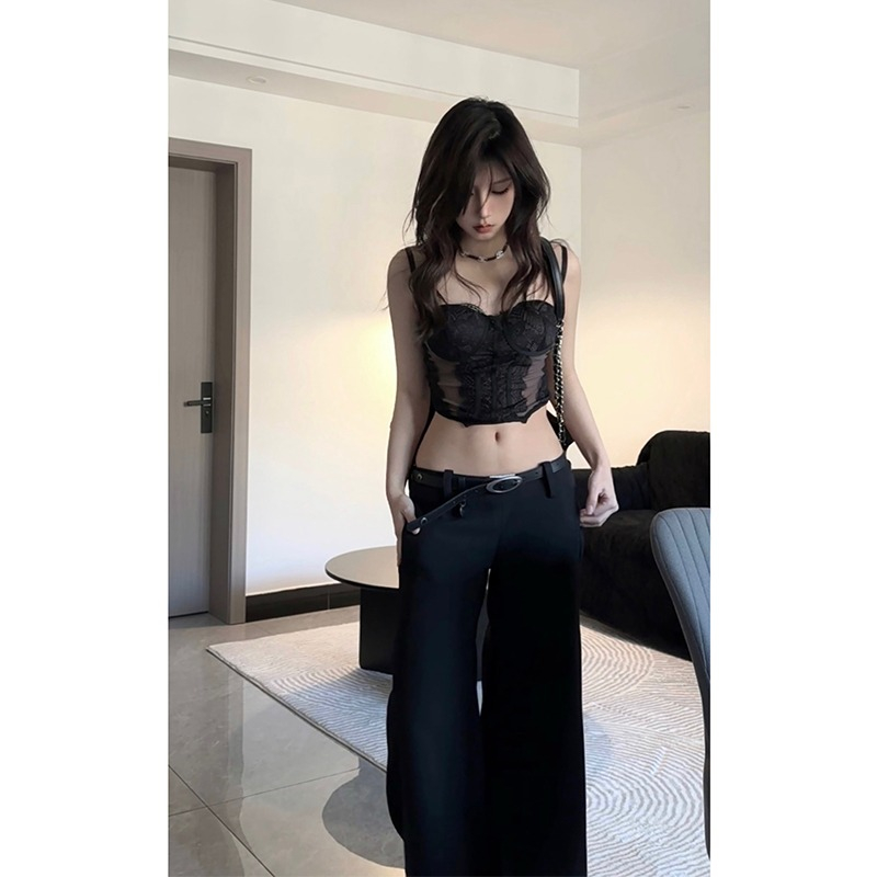 Áo Hai Dây Ngắn Phối Ren Màu Đen Dễ Phối Đồ Thời Trang Cho Nữ