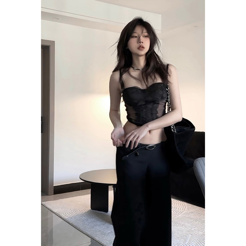 Áo Hai Dây Ngắn Phối Ren Màu Đen Dễ Phối Đồ Thời Trang Cho Nữ