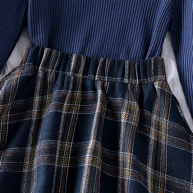Bộ Áo Dệt Kim Màu Sắc Xanh Dương Phối Chân Váy Caro Phong Cách Hàn Quốc Thời Trang Cho Bé Gái 4-7 Tuổi