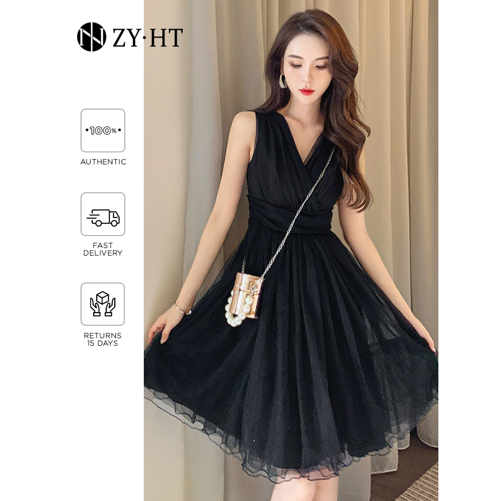 ZYHT Đầm Mini màu đen Mảnh mai Chặt chẽ và mỏng Cổ V phong cách Hàn Quốc thanh lịch váy dạ hội 5135