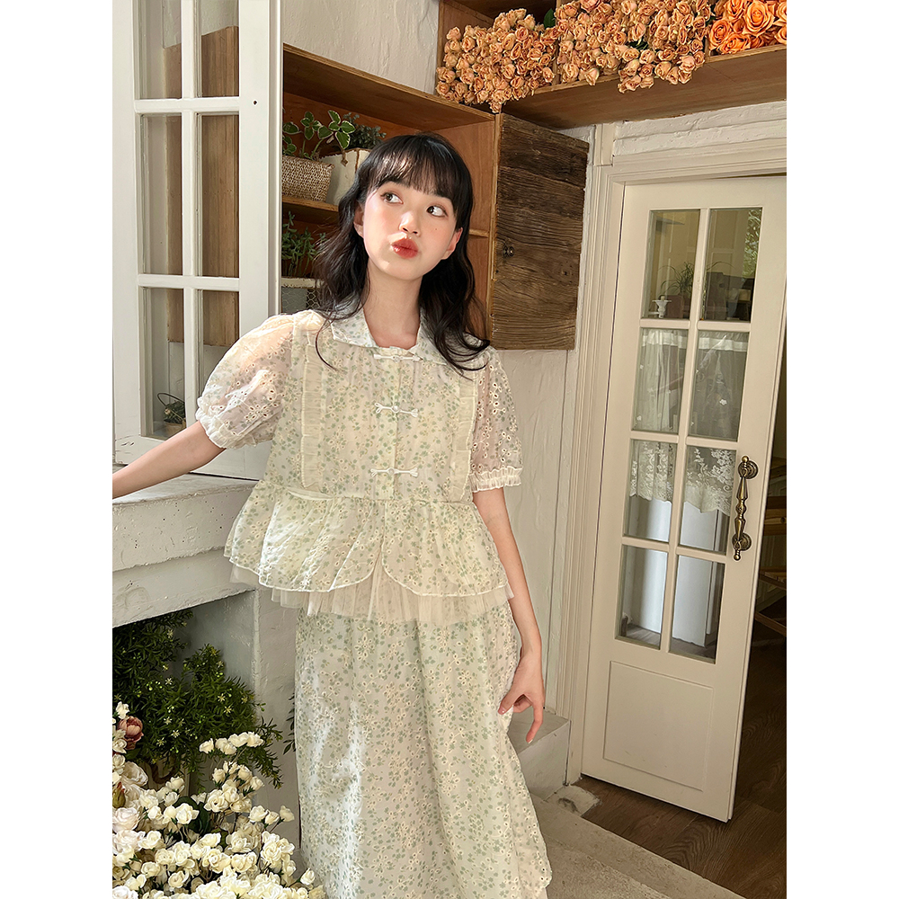 Bộ Áo Sơ Mi Cổ Búp Bê + Chân Váy Dài Họa Tiết Hoa Thời Trang Cho Nữ