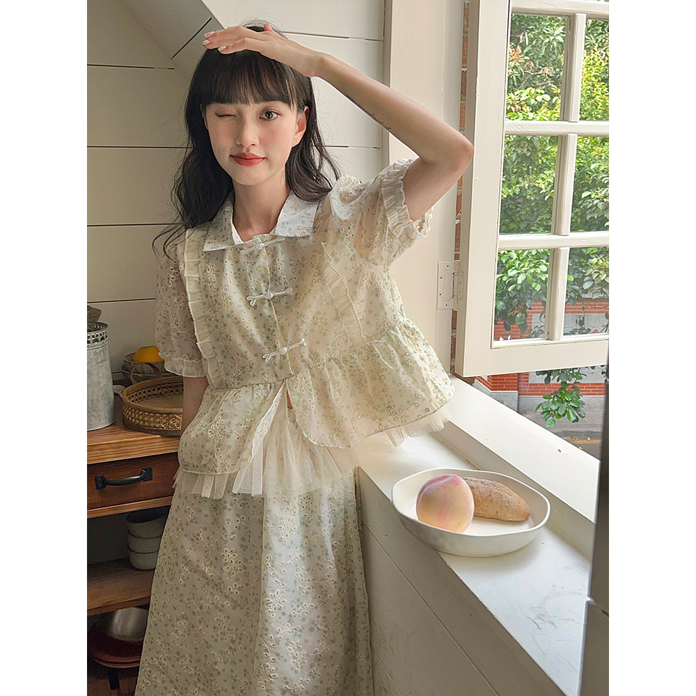 Bộ Áo Sơ Mi Cổ Búp Bê + Chân Váy Dài Họa Tiết Hoa Thời Trang Cho Nữ