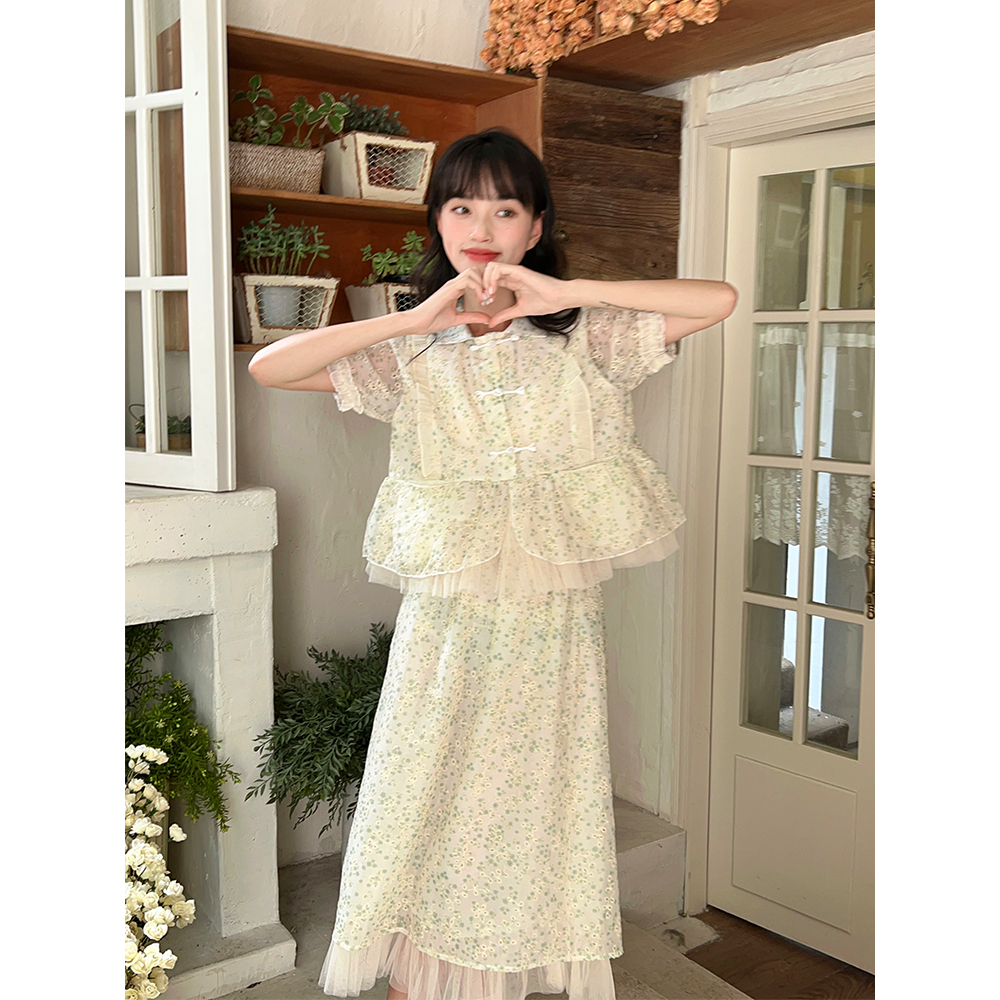 Bộ Áo Sơ Mi Cổ Búp Bê + Chân Váy Dài Họa Tiết Hoa Thời Trang Cho Nữ