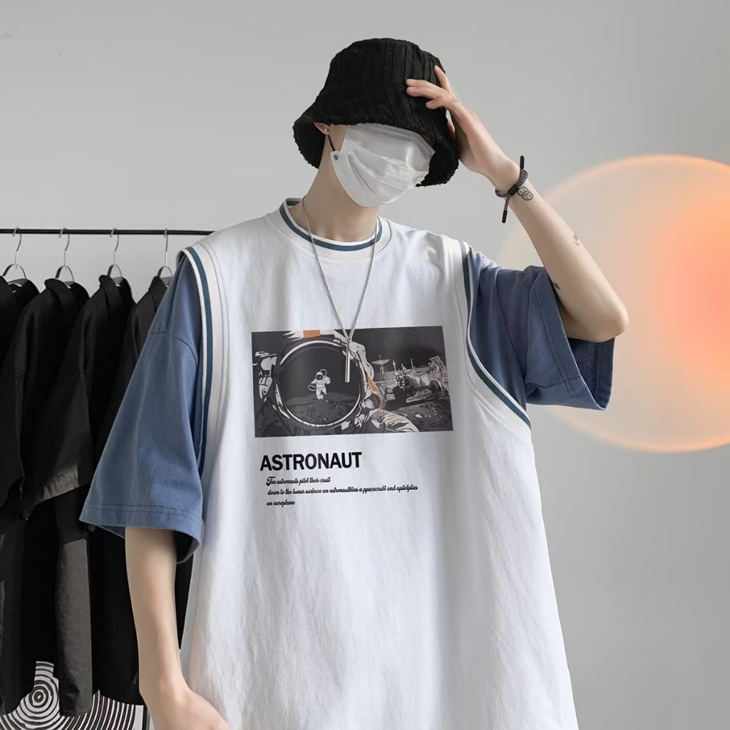 Áo Thun Nam Form Rộng Unisex Phối Layer Giả 2 Lớp In Hình Phi Hành Gia Thời Trang Hàn Quốc Áo Phông đen Big size Fashion Thể Thao Áo Thun Tay Lỡ Nam Nữ  T Shirt Men Áo. Nam Áo Oversize