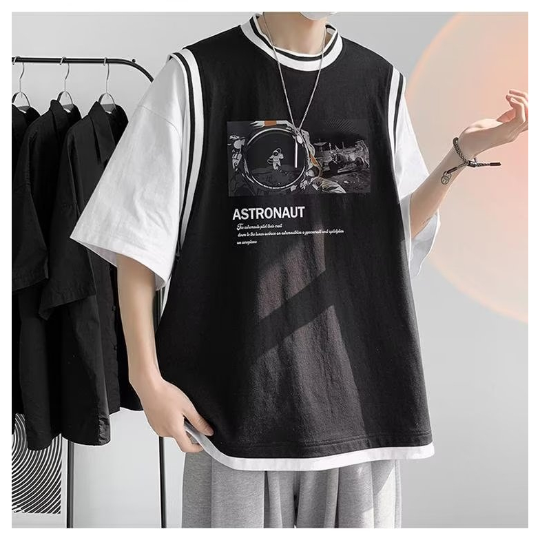 Áo Thun Nam Form Rộng Unisex Phối Layer Giả 2 Lớp In Hình Phi Hành Gia Thời Trang Hàn Quốc Áo Phông đen Big size Fashion Thể Thao Áo Thun Tay Lỡ Nam Nữ  T Shirt Men Áo. Nam Áo Oversize