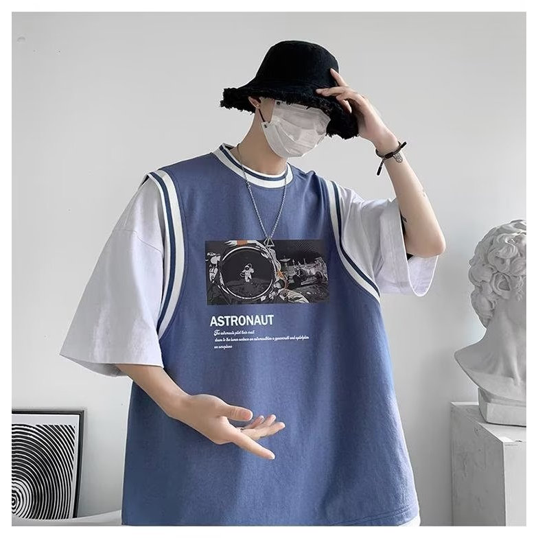 Áo Thun Nam Form Rộng Unisex Phối Layer Giả 2 Lớp In Hình Phi Hành Gia Thời Trang Hàn Quốc Áo Phông đen Big size Fashion Thể Thao Áo Thun Tay Lỡ Nam Nữ  T Shirt Men Áo. Nam Áo Oversize