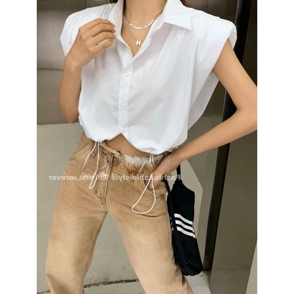 Áo Sơ Mi Không Tay Cổ Polo Dáng Rộng Thiết Kế Dây Rút Đơn Giản Thời Trang Mùa Hè Hàng Mới 2023 Dành Cho Bạn