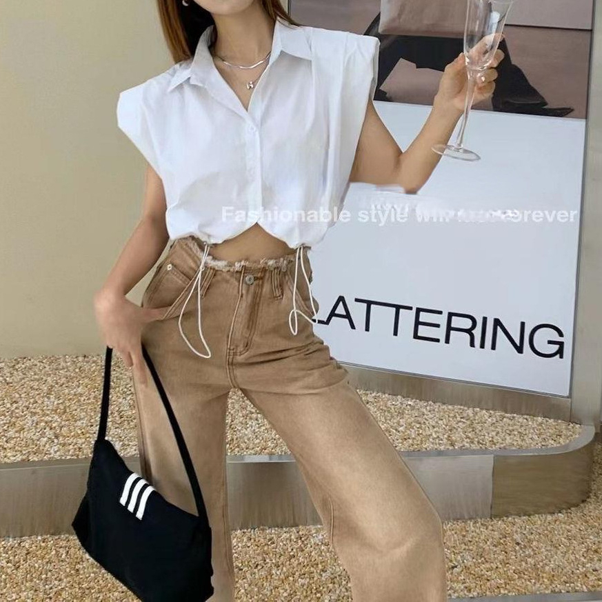 Áo Sơ Mi Không Tay Cổ Polo Dáng Rộng Thiết Kế Dây Rút Đơn Giản Thời Trang Mùa Hè Hàng Mới 2023 Dành Cho Bạn