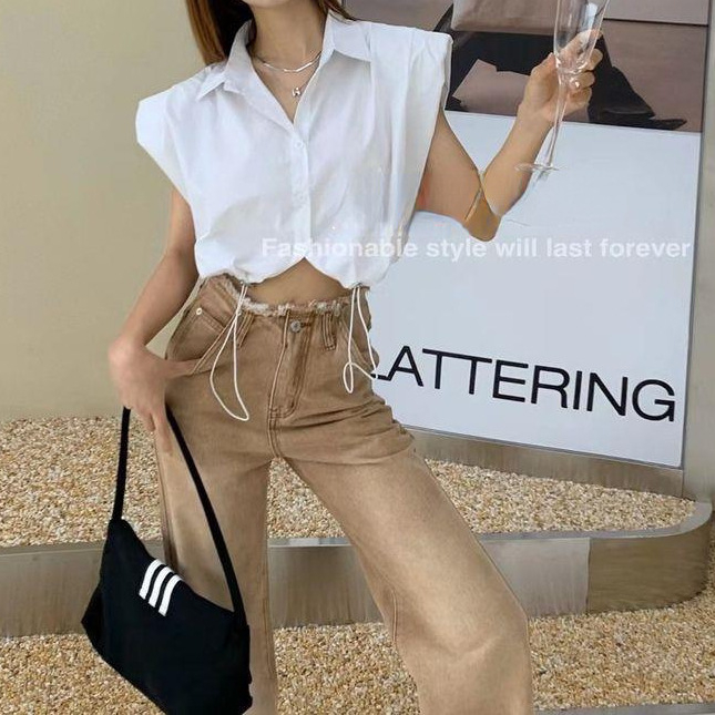 Áo Sơ Mi Không Tay Cổ Polo Dáng Rộng Thiết Kế Dây Rút Đơn Giản Thời Trang Mùa Hè Hàng Mới 2023 Dành Cho Bạn