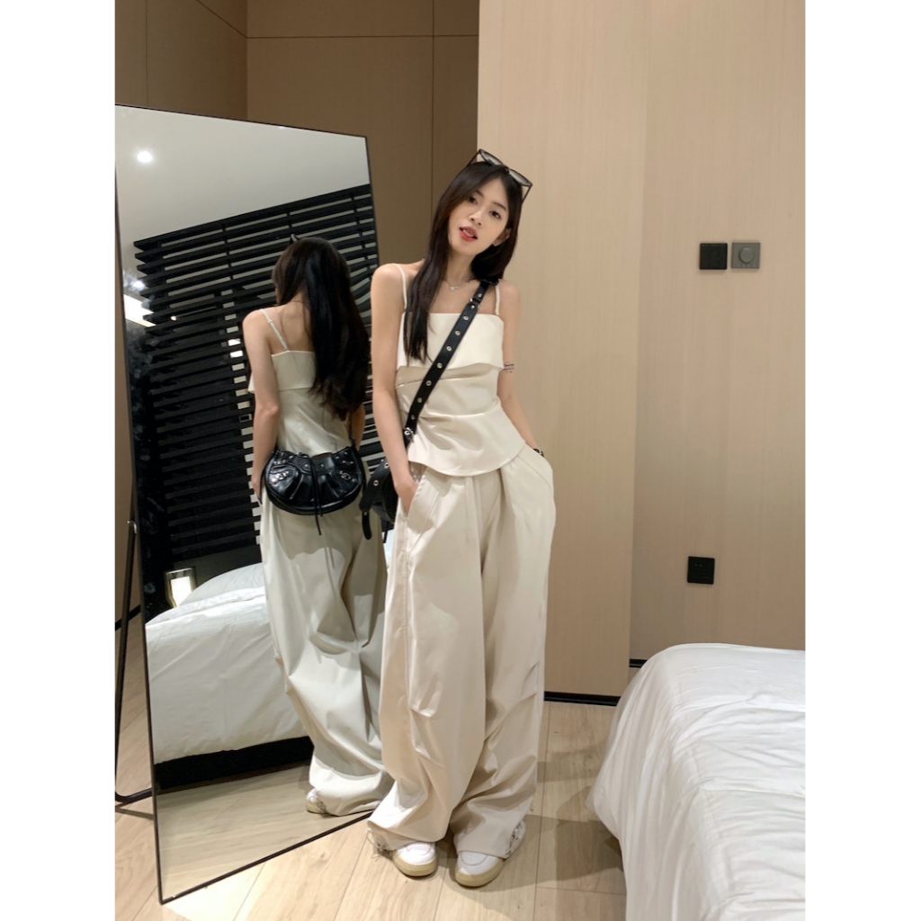 QADCOL Bộ Áo Hai Dây Ôm Dáng + Quần Ống Rộng Thời Trang Mùa Hè Cho Nữ