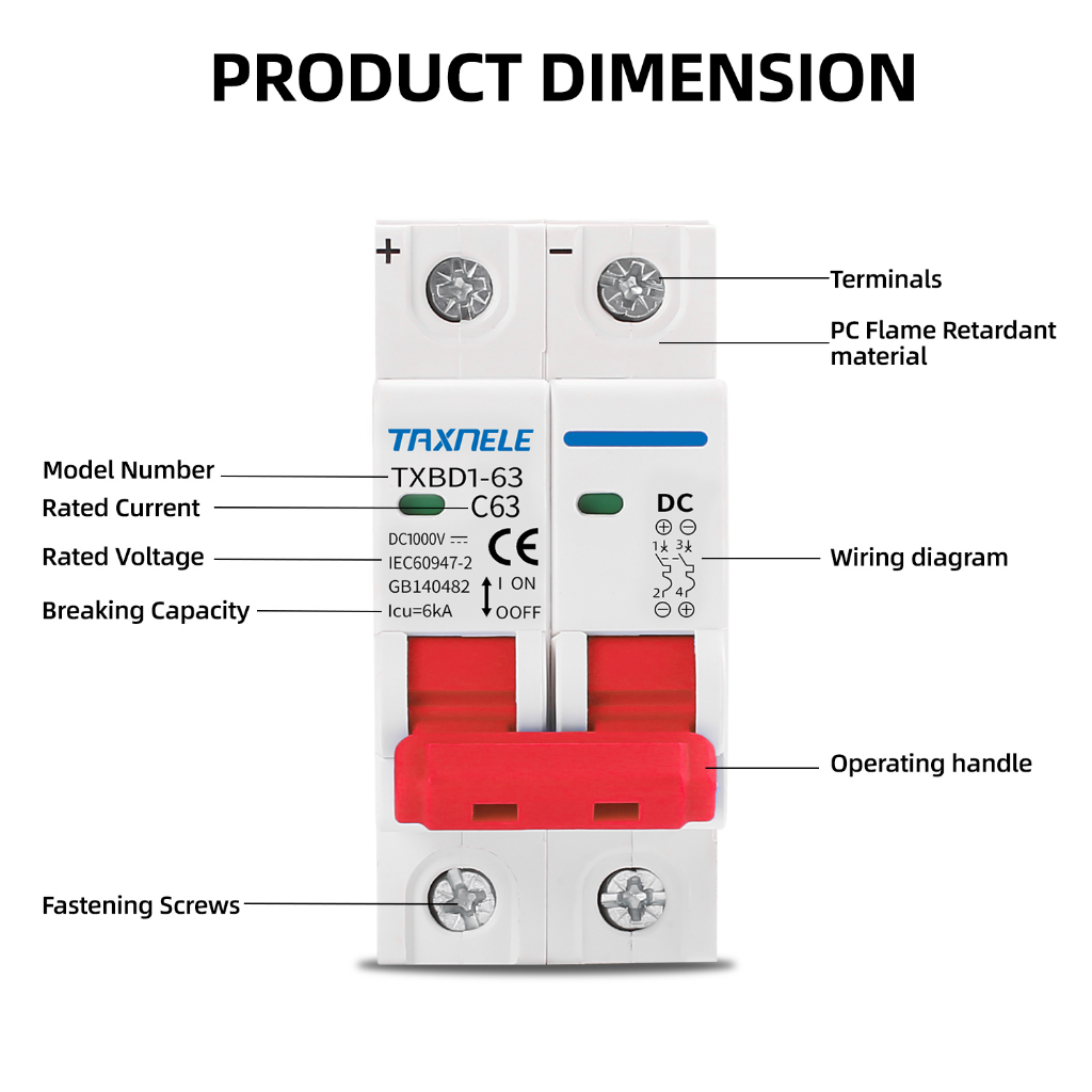 2 phase Cầu Dao Ngắt Điện DC 1000V 6A 10A 16A 20A 25A 32A 40A 50A 63A DC MCB