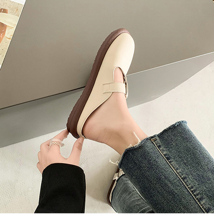 Prowow❤Dép Bít Mũi Tròn Phong Cách Retro Thời Trang Cho Nữ