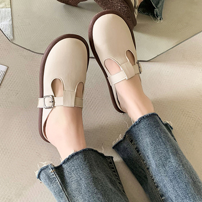 Prowow❤Dép Bít Mũi Tròn Phong Cách Retro Thời Trang Cho Nữ