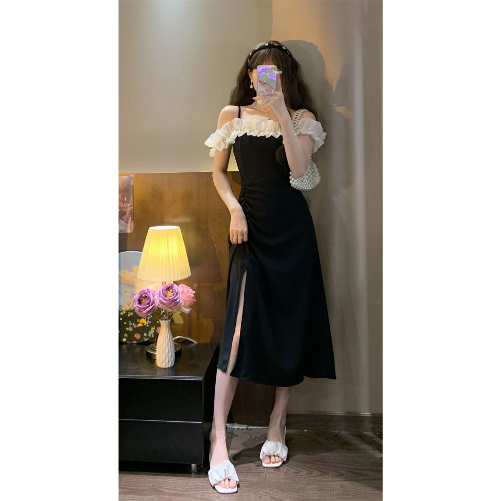 One Đầm Hai Dây Màu Đen Dáng Ôm Phong Cách Pháp Thời Trang Mùa Hè 2023 Cho Nữ