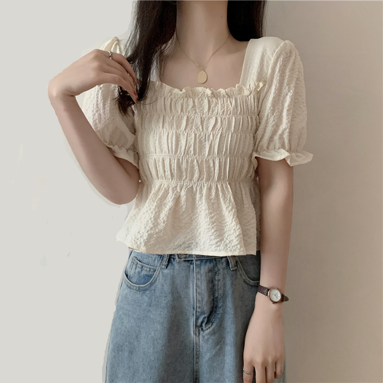 Áo chiffon WANGJIAOZHAN dáng ngắn cổ vuông tay phồng thời trang mới phong cách Hàn Quốc
