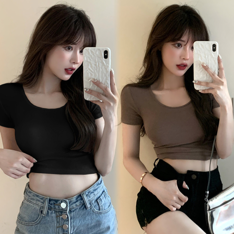 【WANG JIAO ZHAN】 Áo croptop tay ngắn dáng ôm vừa vặn thời trang mùa hè trẻ trung dành cho nữ