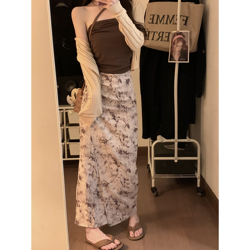 QKOOLE Bộ Áo Ống Dài Tay Chống Nắng Ôm Dáng + Chân Váy Lưng Cao Họa Tiết Hoa Thời Trang Mùa Hè Hàn Quốc Cho Nữ