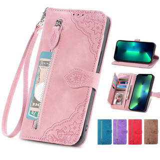 Ốp Da Dập Nổi Cho iPhone 13 12 Mini 11 X XS XR SE 8 7 6 6S Pro Plus Max Cao Cấp Flip Cover Dây Kéo Ví Đựng Thẻ Vỏ Điện Thoại