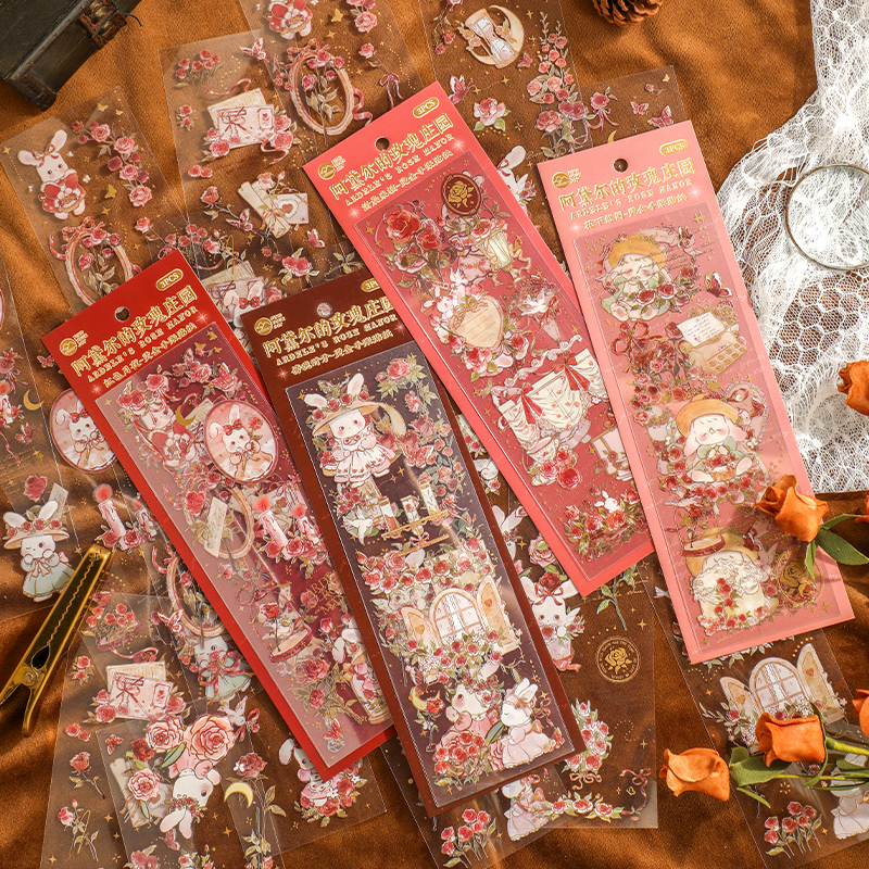 Mr. Paper 3 vé/túi Dán chống thấm nước PET Thỏ bông hồng Minh họa dễ thương Dán nóng Những hình ảnh ghép nghệ thuật bàn tay sáng tạo Hình dán văn phòng phẩm trang trí cốc điện thoại di động DIY