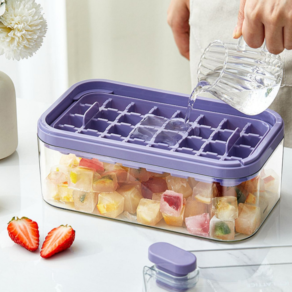 Khay Đá 64 Viên - Khay Làm Đá Dạng Nhấn 2 tầng có nắp Tiện Dụng Cho Tủ Lạnh tặng kèm thìa múc đá