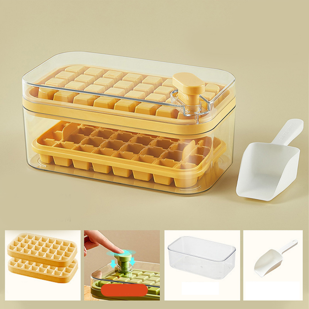 Khay Đá 64 Viên - Khay Làm Đá Dạng Nhấn 2 tầng có nắp Tiện Dụng Cho Tủ Lạnh tặng kèm thìa múc đá