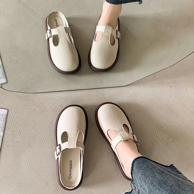 Prowow❤Dép Bít Mũi Tròn Phong Cách Retro Thời Trang Cho Nữ