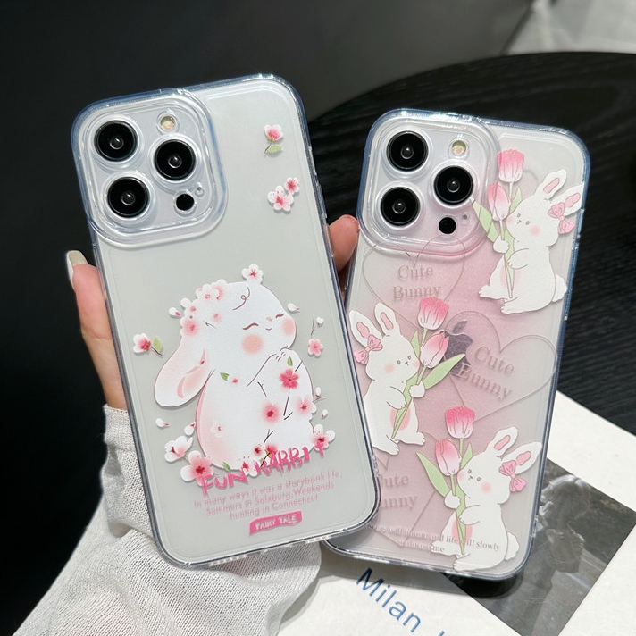 Case Realme C51 C53 C55 Nfc 10 Pro Plus C35 C33 C30s C21y C15 C11 C12 C31 C30 C25 C25y C25s C21 C20 7i C17 8 Pro 9 Pro 8i 7 Pro 6 Pro 5 Pro 5s 5i C3 C2 Narzo 50a Prime cartoon fun rabbit cute bunny flower transparent soft phone case