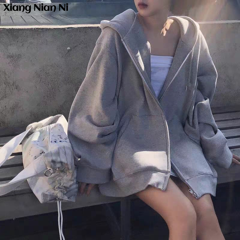 Áo Khoác Hoodie Tay Dài Dáng Rộng Màu Xám Phong Cách Hong Kong Thời Trang Mùa Thu Có size Lớn Xiang Nian Ni Plus size Cho Nữ