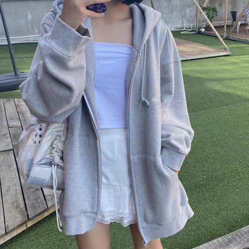 Áo Khoác Hoodie Tay Dài Dáng Rộng Màu Xám Phong Cách Hong Kong Thời Trang Mùa Thu Có size Lớn Xiang Nian Ni Plus size Cho Nữ