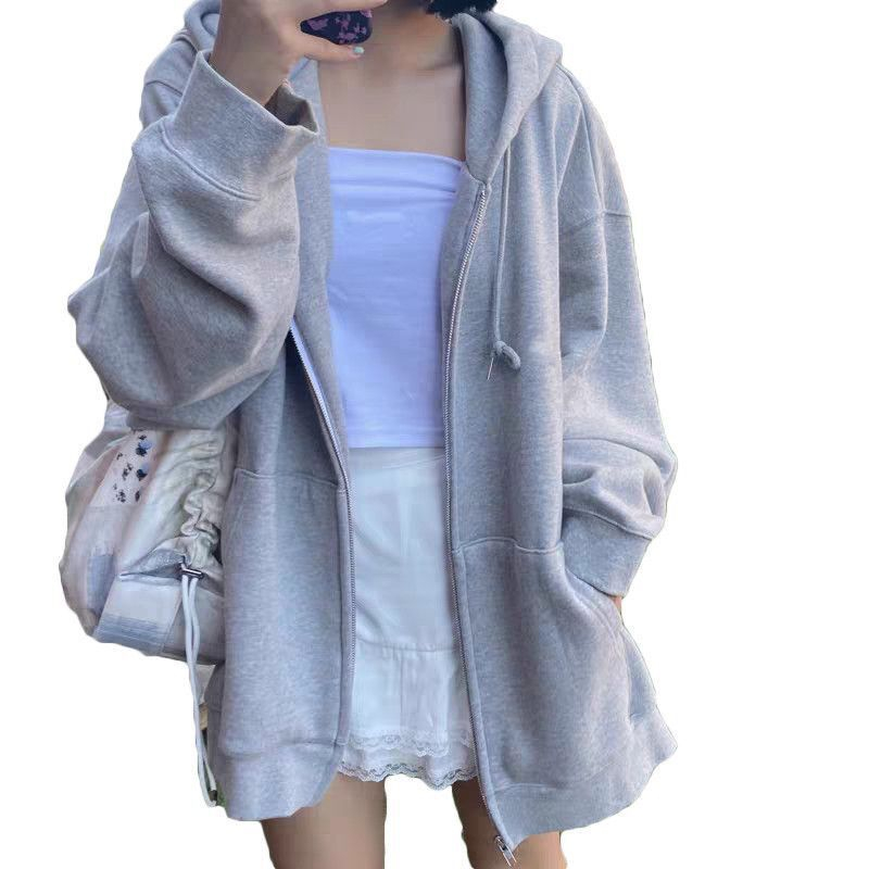 Áo Khoác Hoodie Tay Dài Dáng Rộng Màu Xám Phong Cách Hong Kong Thời Trang Mùa Thu Có size Lớn Xiang Nian Ni Plus size Cho Nữ