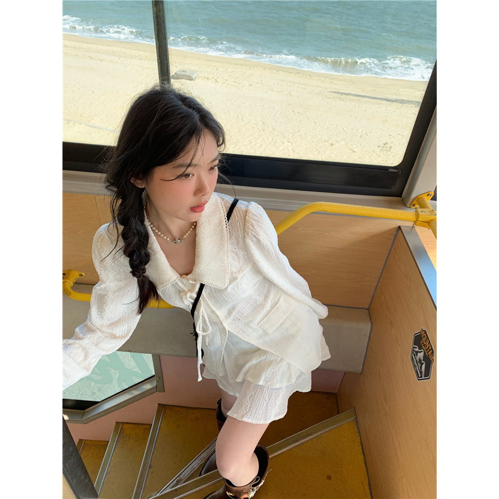 Set Áo Sơ Mi Thắt Dây + Chân Váy Chữ A Xếp Tầng Phong Cách Thanh Lịch Dành Cho Nữ