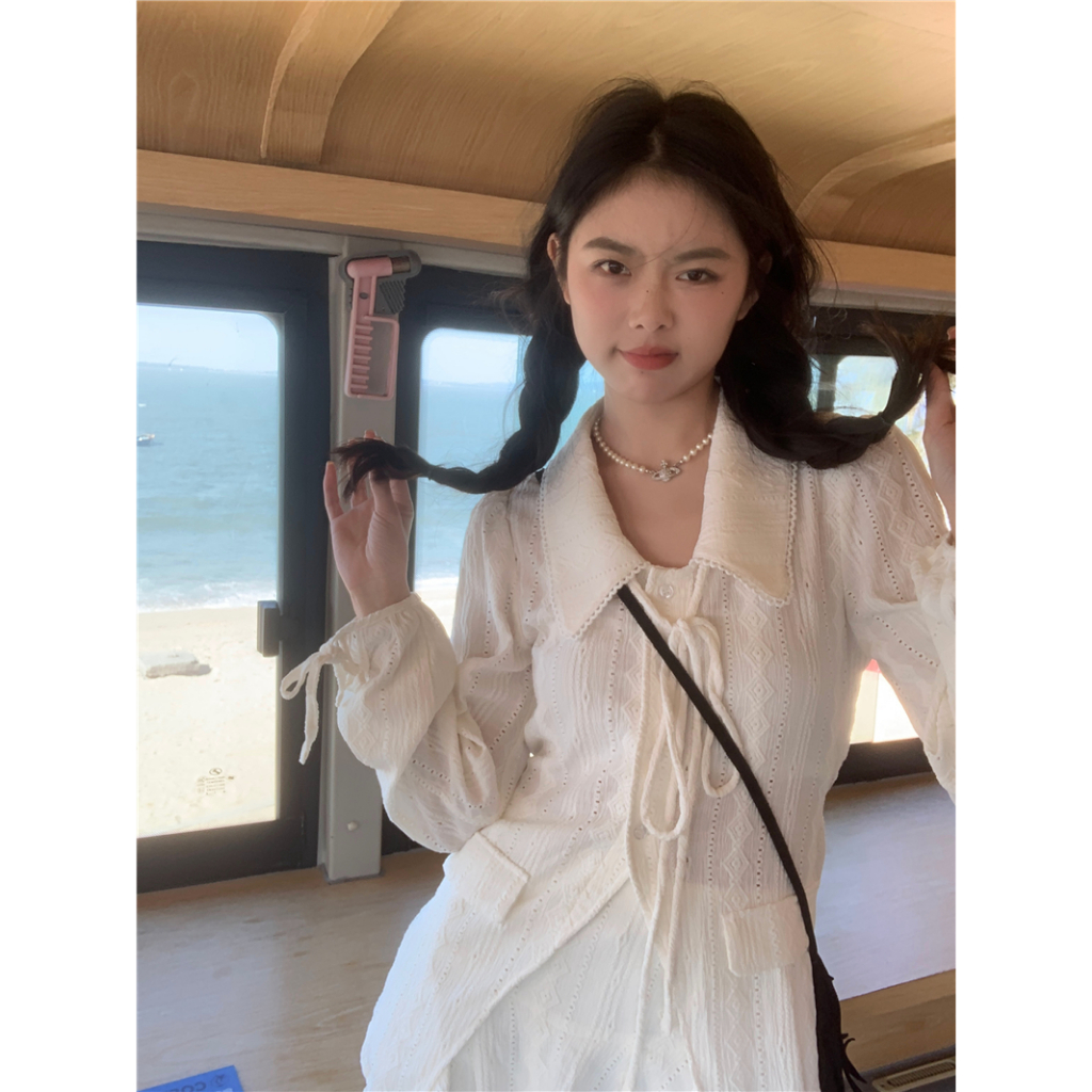 Set Áo Sơ Mi Thắt Dây + Chân Váy Chữ A Xếp Tầng Phong Cách Thanh Lịch Dành Cho Nữ