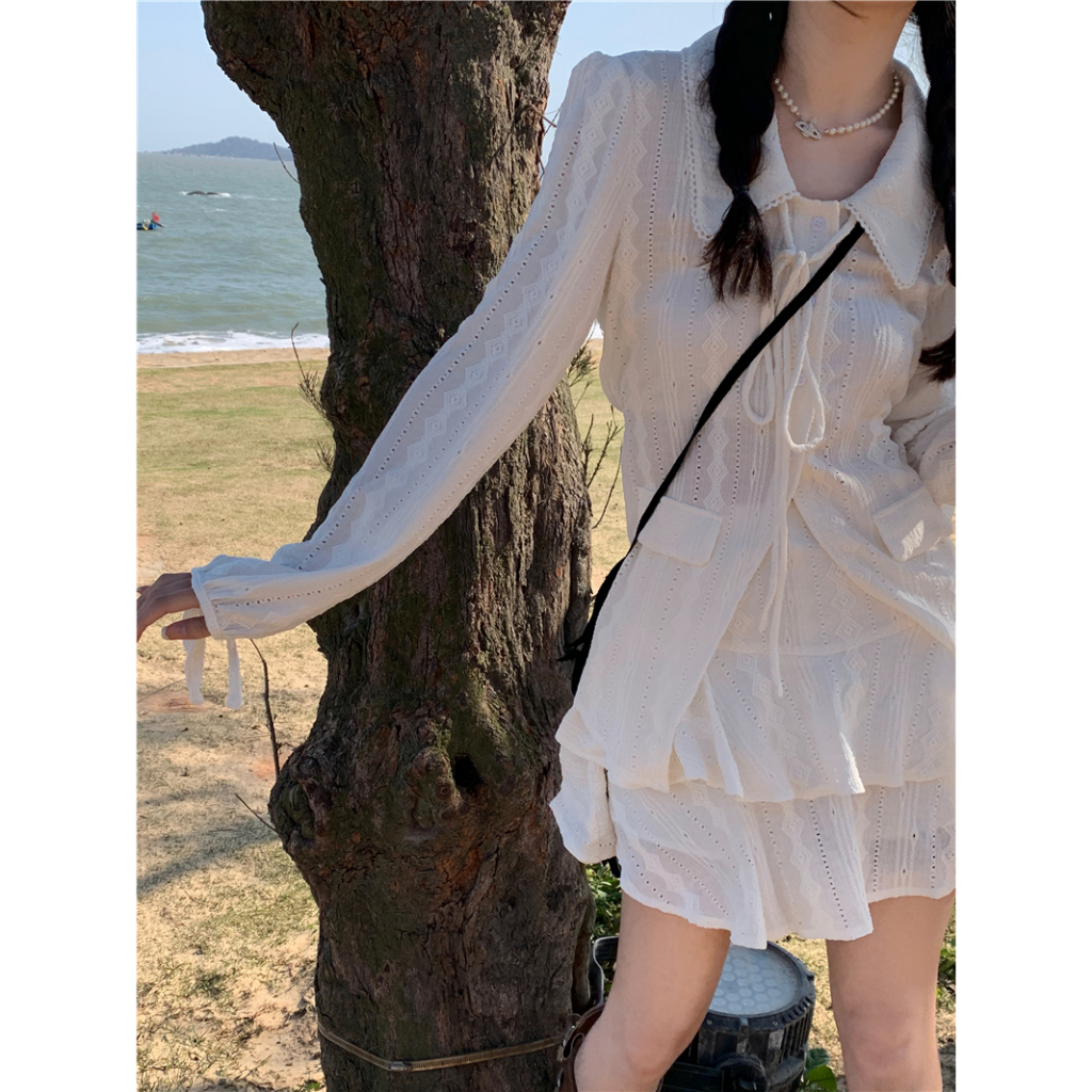 Set Áo Sơ Mi Thắt Dây + Chân Váy Chữ A Xếp Tầng Phong Cách Thanh Lịch Dành Cho Nữ