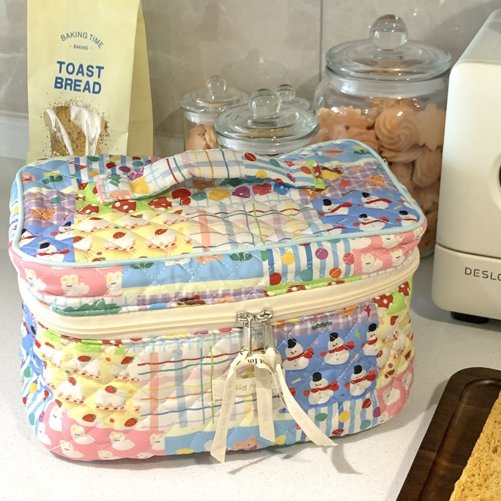 Túi Đựng Đồ Trang Điểm Bằng cotton Chần Bông Màu Sắc Sức Chứa Lớn Phong Cách Hàn Quốc