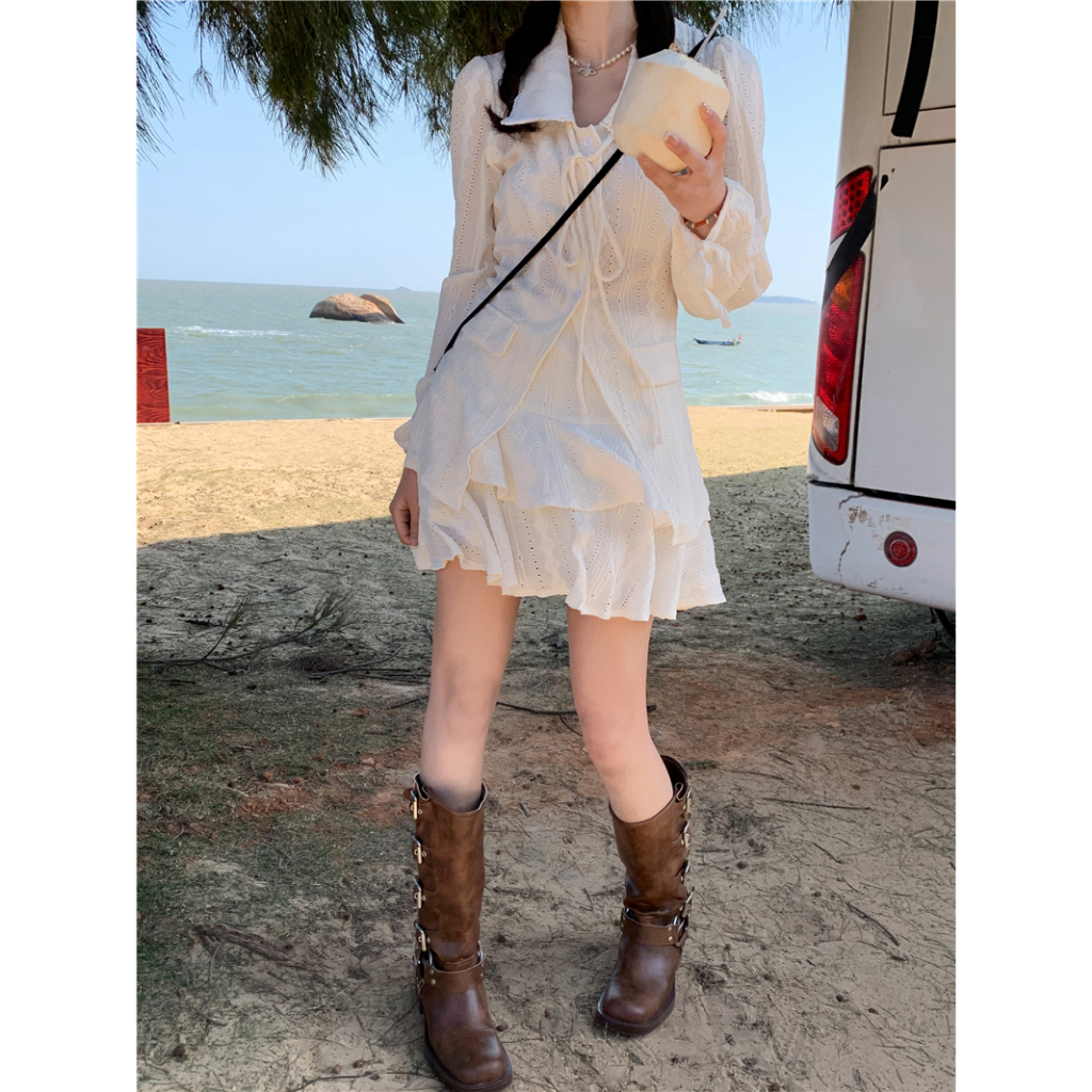 Set Áo Sơ Mi Thắt Dây + Chân Váy Chữ A Xếp Tầng Phong Cách Thanh Lịch Dành Cho Nữ