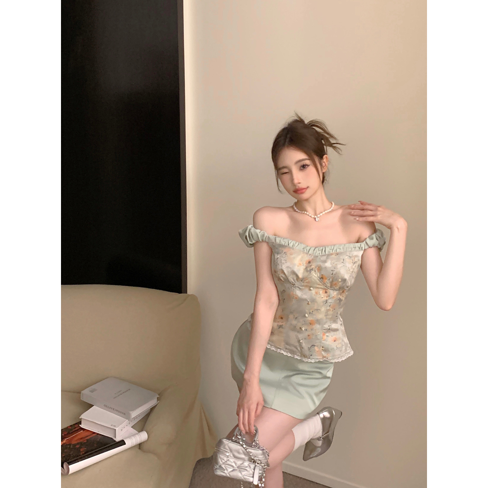 【COLORBLLIND】Set Áo Trễ Vai + Chân Váy Ngắn Chất Liệu Satin Cao Cấp Thời Trang