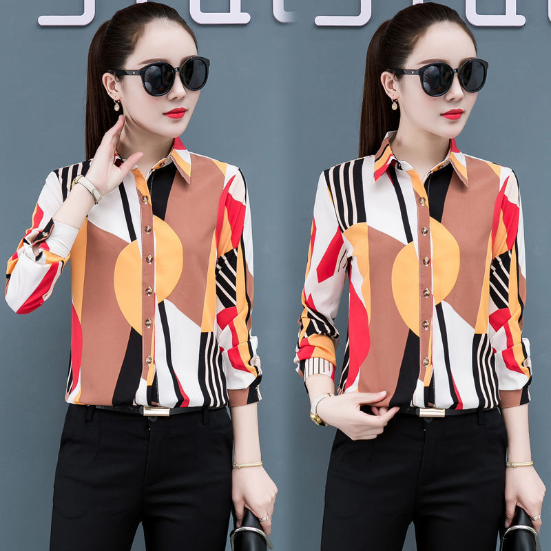 Áo Sơ Mi Nữ Tay Dài In Hoa Lá Đỏ Chống Ngáy OL S-5xl Màu Đen Mới